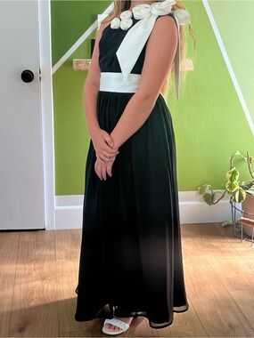 Azazie Black Maxi Dress with White Floral Shoulder and Waist